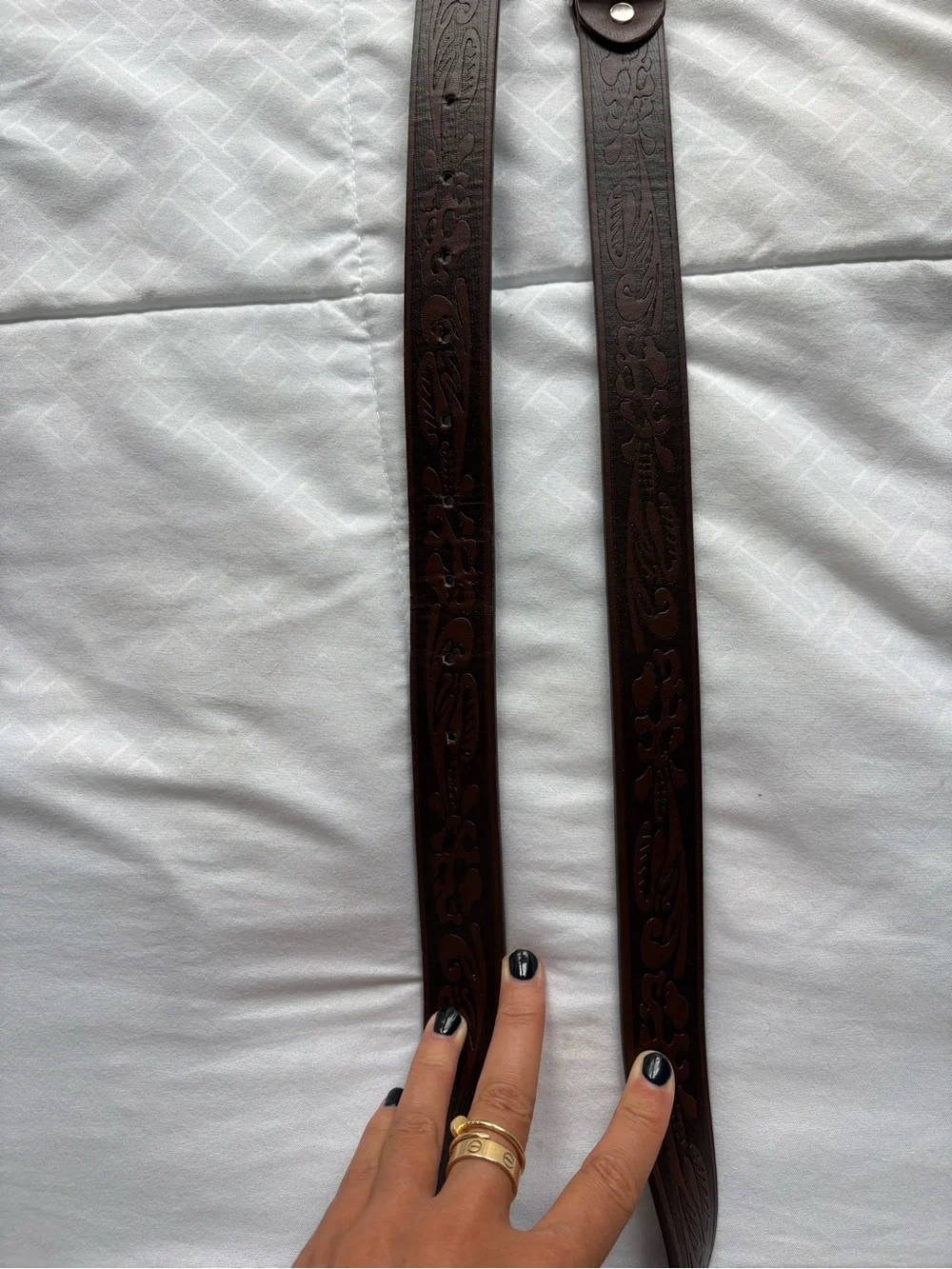 Tooled Brown Leather Belt with Ornate Silver Buckle